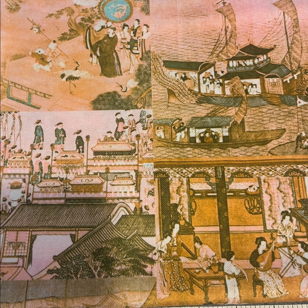 Vintage Asian-Inspired polyester fabric in Brown, Coral, & Tan. 1 yards x 58” - Picture 2 of 2